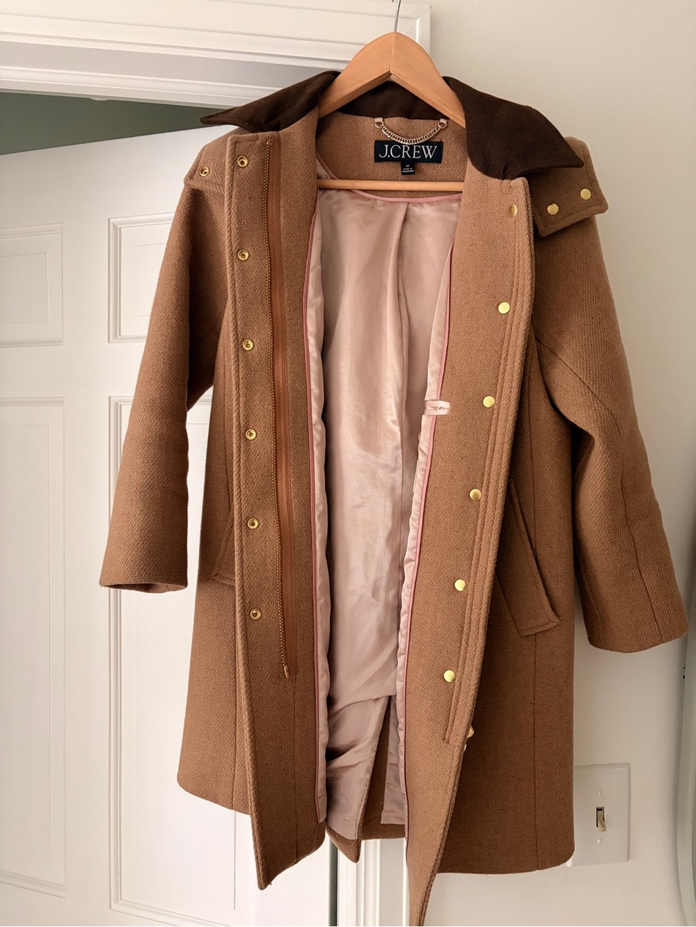 J.Crew Camel Wool Blend Hooded Trench Coat with Dark Brown Collar